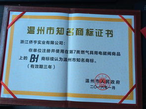 僑亨實業公司bh商標被續評為溫州知名商標和樂清產品
